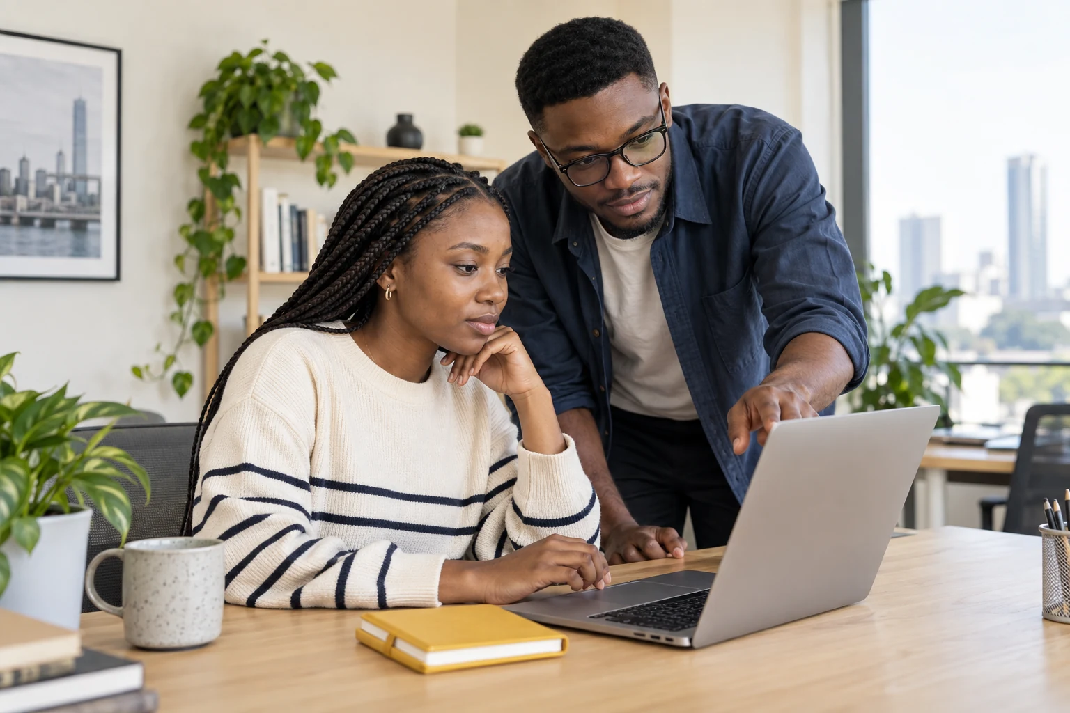A learner and mentor working together on a practical technology project
