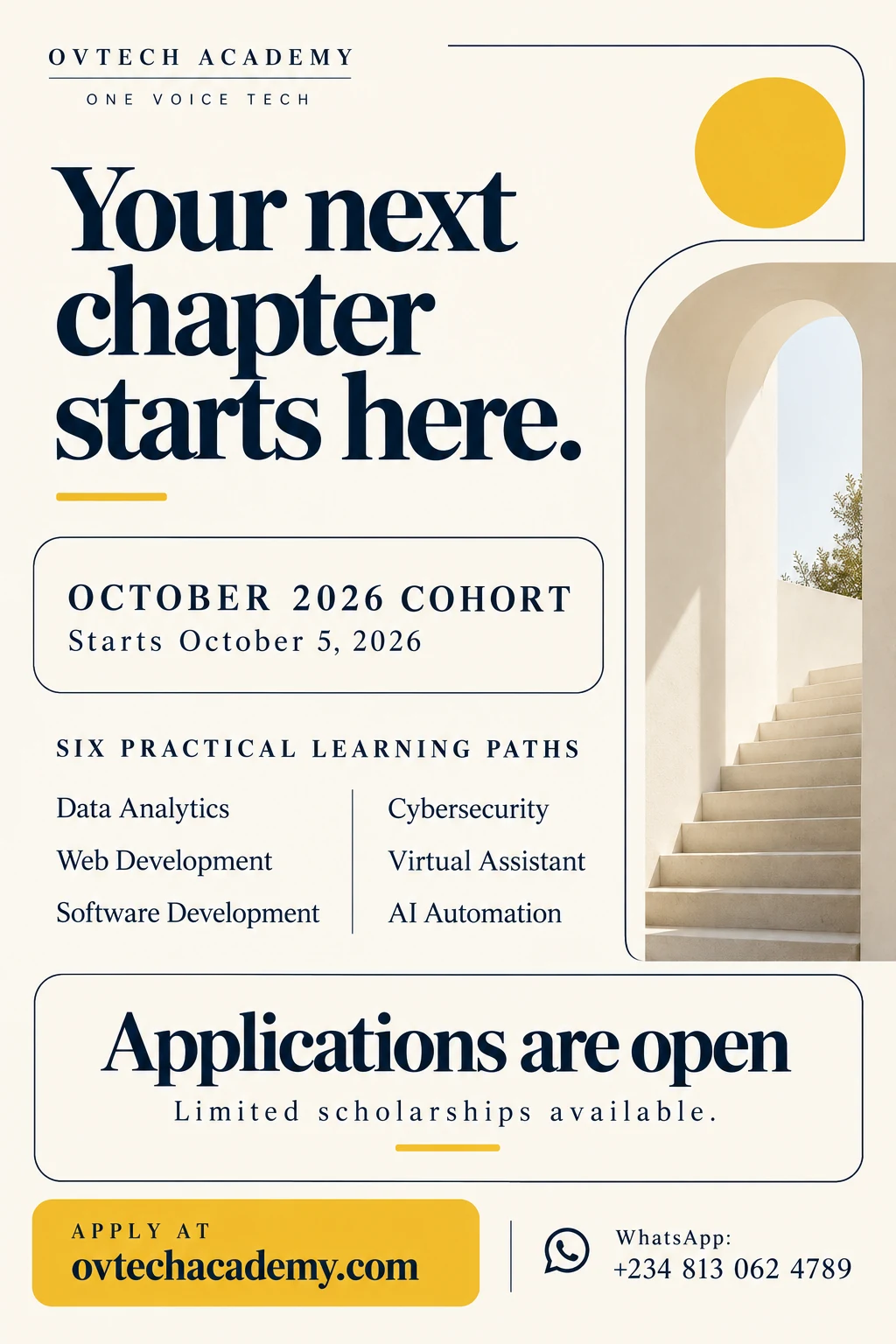 OVTech Academy October 2026 cohort. Starts October 5, 2026. Six courses and limited scholarships. Apply at ovtechacademy.com.